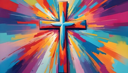 Poster - A vibrant and colorful abstract painting featuring a Christian cross illustration, perfect for an easter concept