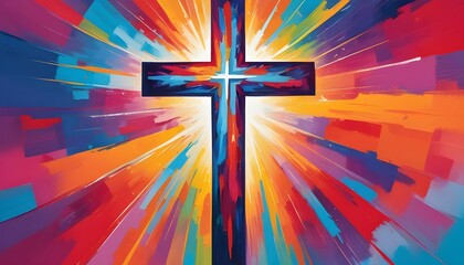 Poster - A vibrant and colorful abstract painting featuring a Christian cross illustration, perfect for an easter concept