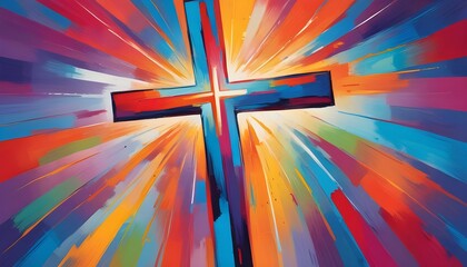 Poster - A vibrant and colorful abstract painting featuring a Christian cross illustration, perfect for an easter concept