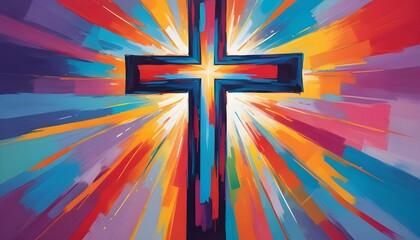 Poster - A vibrant and colorful abstract painting featuring a Christian cross illustration, perfect for an easter concept
