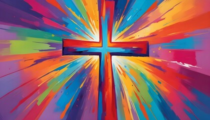 Poster - A vibrant and colorful abstract painting featuring a Christian cross illustration, perfect for an easter concept