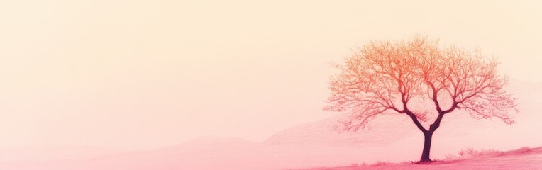 Fototapete - Graceful outline of a solitary tree against a soft gradient pink background at dusk