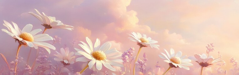 Poster - Elegant daisies with champagne-colored petals showcase their beauty in a soft, pastel landscape during golden hour