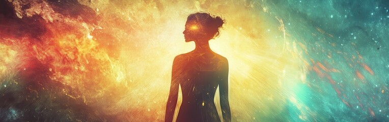 Poster - Mystical vision of a woman standing amidst cosmic colors and glowing energy