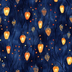 Fototapete - Colorful doodle watercolor lanterns creating a whimsical night sky pattern for festive decorations