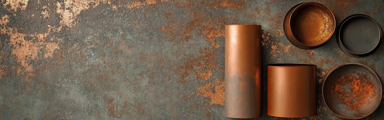 Poster - Weathered metallic surface with warm hues featuring round containers in various sizes