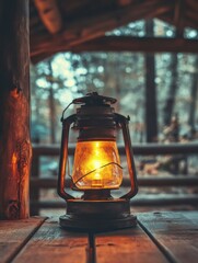 Aufkleber - Vintage lantern glowing warmly in a rustic cabin surrounded by a forest at dusk