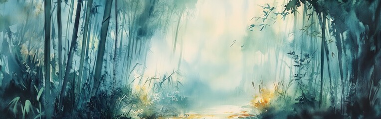 Aufkleber - Majestic bamboo forest with soft watercolor background capturing serene ambiance of nature and tranquility