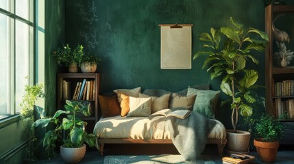 Aufkleber - Cozy reading nook featuring green-painted walls and plush seating with plants for a tranquil atmosphere