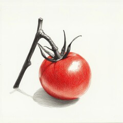 Poster - Captivating cherry tomato on a stem captured in detailed drawing showcasing vibrant red color and intricate design