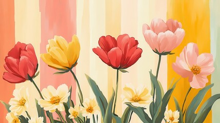 Aufkleber - Floral design featuring vibrant tulips and daisies with colorful background stripes in a cheerful composition