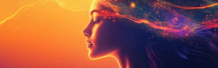 Aufkleber - Surreal representation of a glowing woman immersed in ethereal lights and vibrant colors during a dreamlike moment