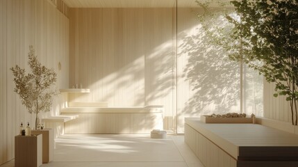 Aufkleber - Scandinavian-inspired sauna featuring pale wooden design and natural light