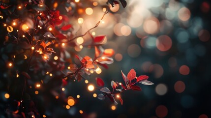 Poster - Twinkling fairy lights enhancing vibrant autumn leaves in a serene forest setting during golden hour