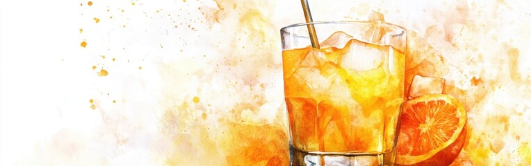 Poster - Close-up of a refreshing orange drink served over ice in a glass with a watercolor background showcasing vibrant colors