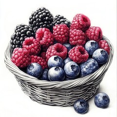 Poster - Freshly picked mixed berries in a woven basket showcasing vibrant colors and rich textures