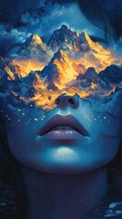 Aufkleber - Mystical face glowing with mountains and sunset reflection in a dreamlike landscape