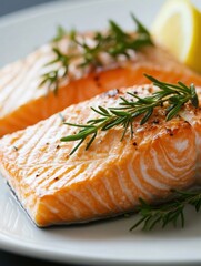 Poster - Freshly grilled salmon garnished with herbs and lemon slice on a plate