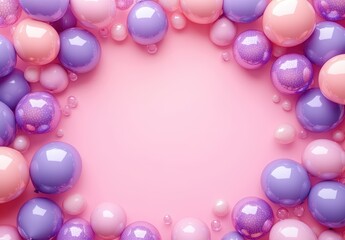 Poster - Colorful glossy spheres in pastel shades of pink, lavender, and purple arranged in a circular frame on a soft pink background for creative design projects
