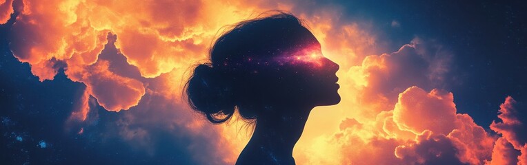 Aufkleber - Surreal representation of a glowing woman with cosmic elements in the background at dusk