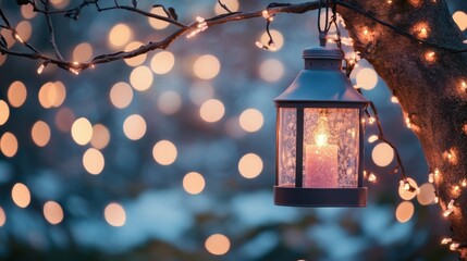 Poster - Bokeh lights create a magical atmosphere with soft sky blue and blush pink hues during a peaceful evening gathering