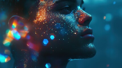 Aufkleber - Mystical profile of a man adorned with shimmering colors, reflecting ethereal beauty and depth in an imaginative setting
