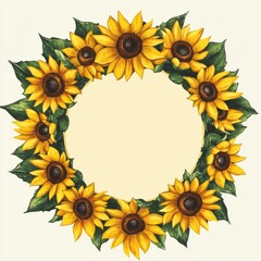 Poster - Beautiful sunflower wreath design featuring vibrant yellow blooms and rich green leaves for seasonal decoration