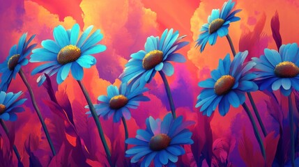Poster - Abstract interpretation of daisies vibrant against a colorful background with dreamlike hues expressing nature's beauty