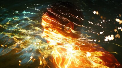 Poster - Swimmer illuminated by sunlight in tranquil waters during golden hour