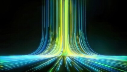 Poster - futuristic neon light streaks in digital vortex, glowing data streams forming curved energy paths on dark background

