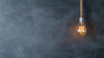 Aufkleber - Warm light casts a cozy ambiance as an antique filament bulb hangs from a cord, creating a serene atmosphere in a dimly lit, shadowy room
