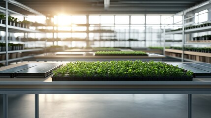 Aufkleber - Low-angle view showcases a sleek glass structure with lush plants and solar panels atop, surrounded by city skyscrapers against a bright sky