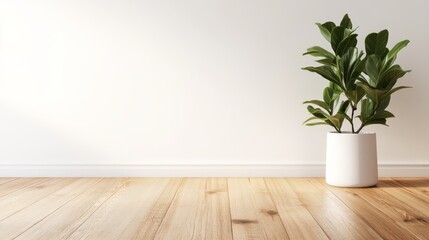 Aufkleber - Plain white room showcases two white pots on a wooden floor, emphasizing intricate wood grain details while leaving space for text on the right side