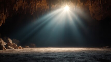 Poster - A shadowy cave interior reveals jagged rocks and faint light beams streaming through the ceiling cracks, creating an atmosphere of intrigue and depth