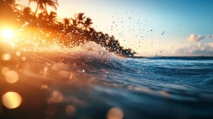 Poster - Cresting ocean wave captured at low angle, glistening with sunlight in a pristine environment, featuring tall palm trees against a cloudless sky