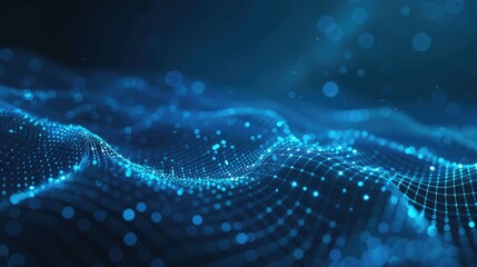 Poster - Beautiful abstract blue background showcasing a wave of dots and lines. Ideal for digital, technology, and artistic themes. Perfect for creative projects.