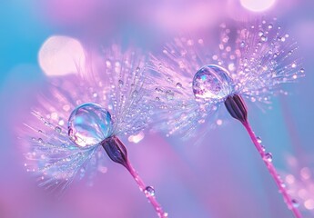 Poster - Delicate Drops on Dandelion Seeds Glimmering Under Soft Light with a Colorful Blur Background Creating a Dreamy and Ethereal Atmosphere