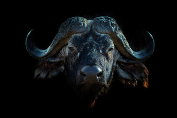 Wall Mural - close up portrait buffalo portrait on black background