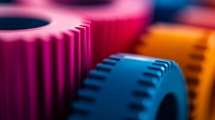 Poster - Colorful gears in bright primary shades are interlocked in a circular pattern, exhibiting polished surfaces and precise alignment with ample copy space on the right