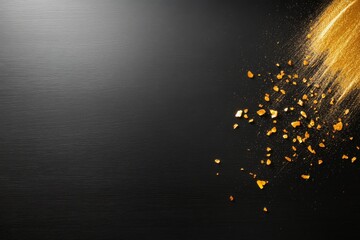 Fototapete - A gold paintbrush stroke elegantly spreads across a black canvas, reflecting light and providing an intriguing contrast that enhances its dynamic texture