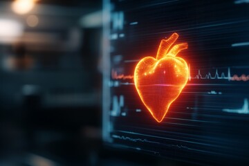 Fototapete - A glowing holographic heart radiates with dynamic pulse waves, set against a sleek black backdrop illuminated with light flares