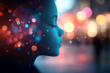 Poster - A figure made of glowing blue particles is partially dissolving, blending into a vibrant cityscape filled with lights at night, creating a surreal atmosphere