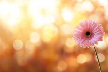Leinwandbilder - A striking pink gerbera daisy blooms gracefully, framed by a soft, glowing golden bokeh backdrop. The composition offers generous space for text placement