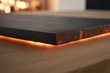 Poster - Medium close-up of a rustic wooden acoustic panel on a natural wood surface, accentuated by soft light creating an inviting and warm ambiance