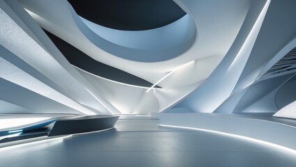 Poster - Contemporary geometric abstract backdrop in white and blue featuring a stylish design area that merges modernity with technology.