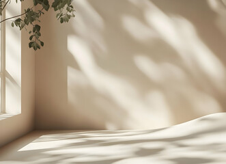 Poster - minimalist interior scene with window light and plant shadows creating natural textures