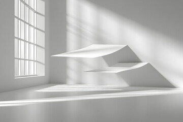 Poster - Minimalist Presentation, Two White A4 Papers Floating in a Sunlit Room