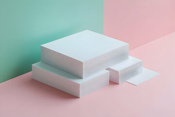 Poster - Minimalist studio shot displaying pristine stacks of paper in pastel shades offering simplistic elegance and contemporary design