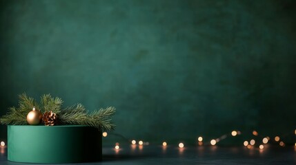 Aufkleber - A green circular podium features pine branches and golden ornaments, illuminated by soft fairy lights, creating a warm holiday atmosphere with copy space