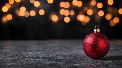 Poster - A shiny red Christmas ornament rests on a textured silver surface, surrounded by soft bokeh lights, adding warmth to a cozy holiday atmosphere